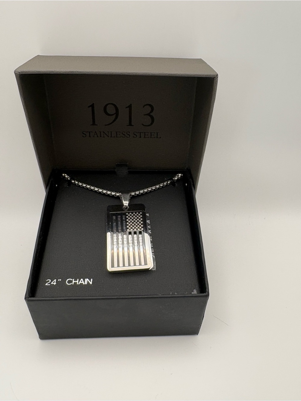 1913 Stainless Steel American Flag Dog Tag Necklace - Silver